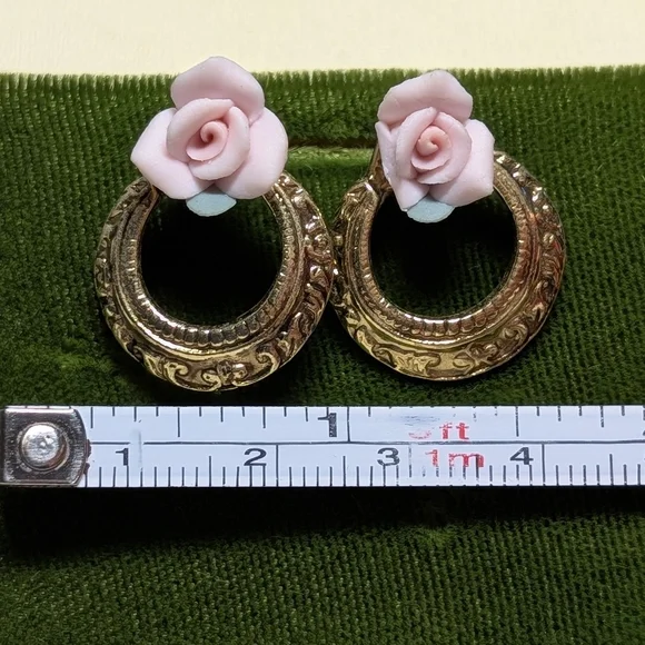 Gold and Pink Floral Hoop Earrings - Picture 2 of 4
